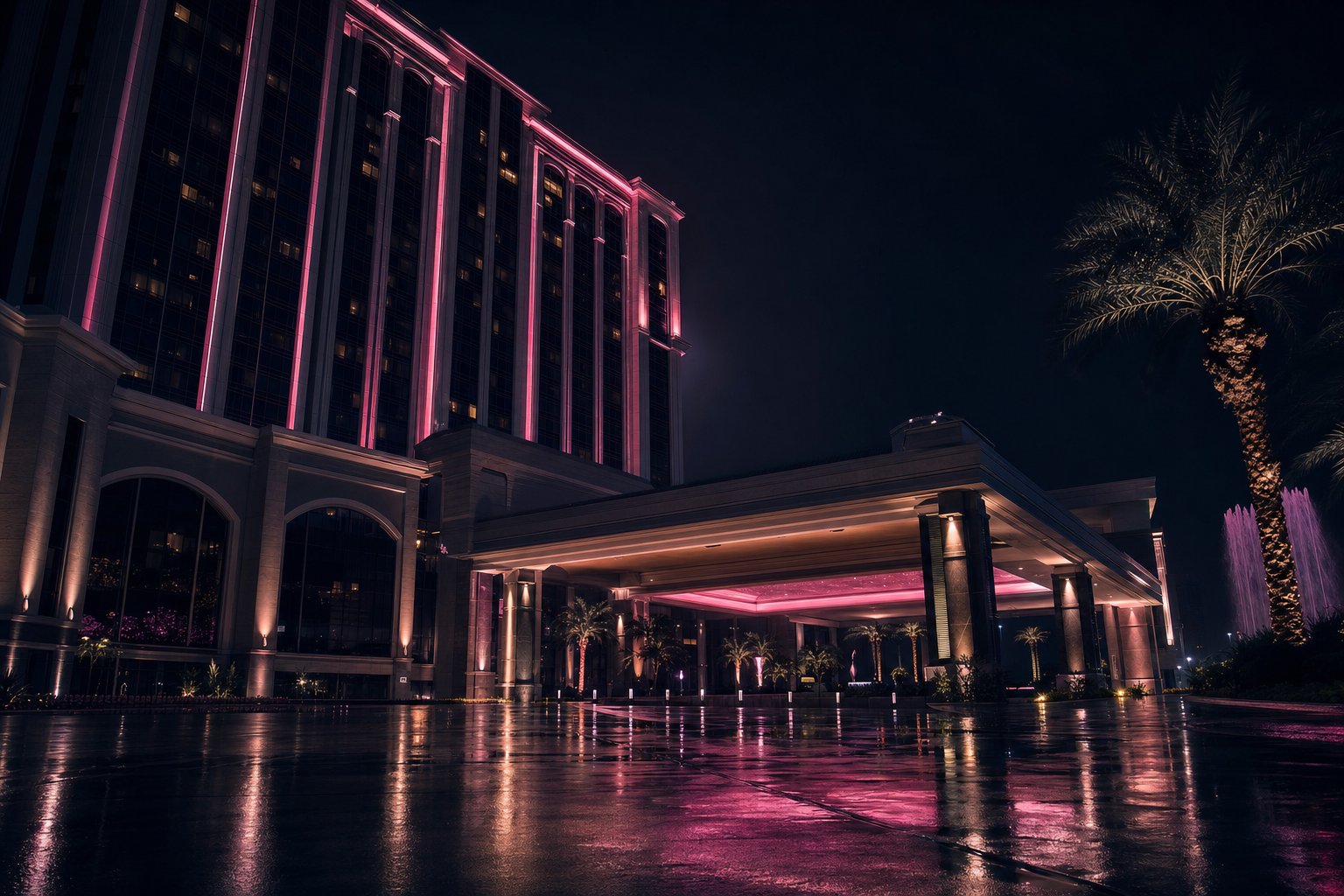 A casino resort entrance lit at night, reflected in wet pavement