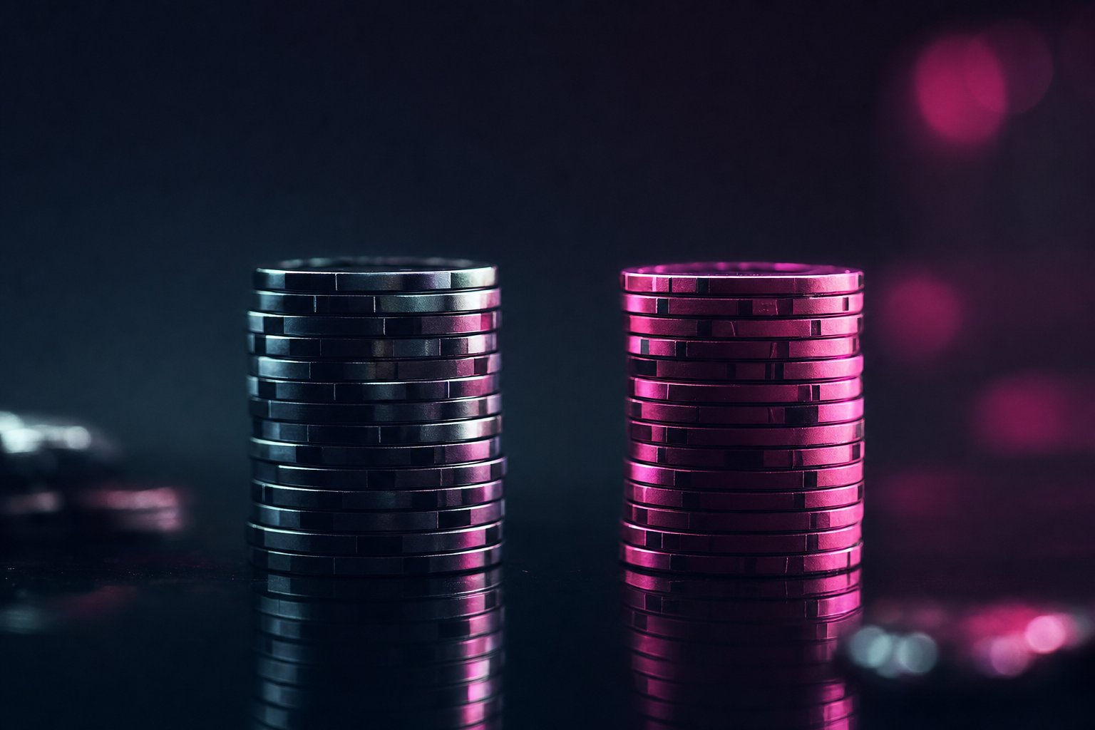 Two distinct stacks of casino-style coins lit in contrasting silver and pink tones, representing the two-coin sweepstakes model